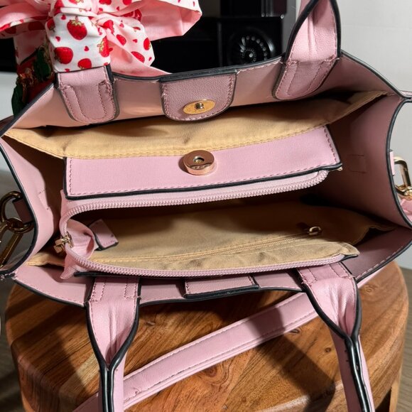 Pink Faux Leather Top Handle Satchel with Strawberry Twilly & Coin Purse Charm - Picture 10 of 15